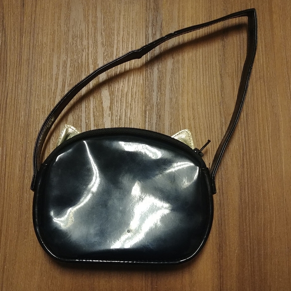 Gymboree kitty cat face gold patent black bag handbag hand cat head metallic - Picture 2 of 3